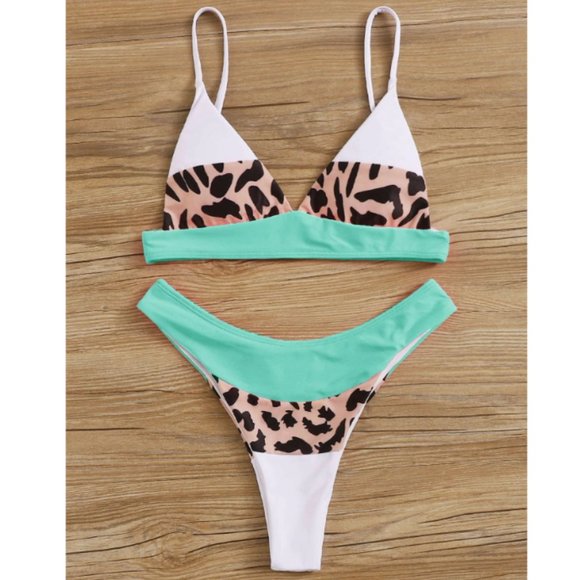 Color Block Leopard Bikini Triangle High Cut 2 Pc - Picture 2 of 5